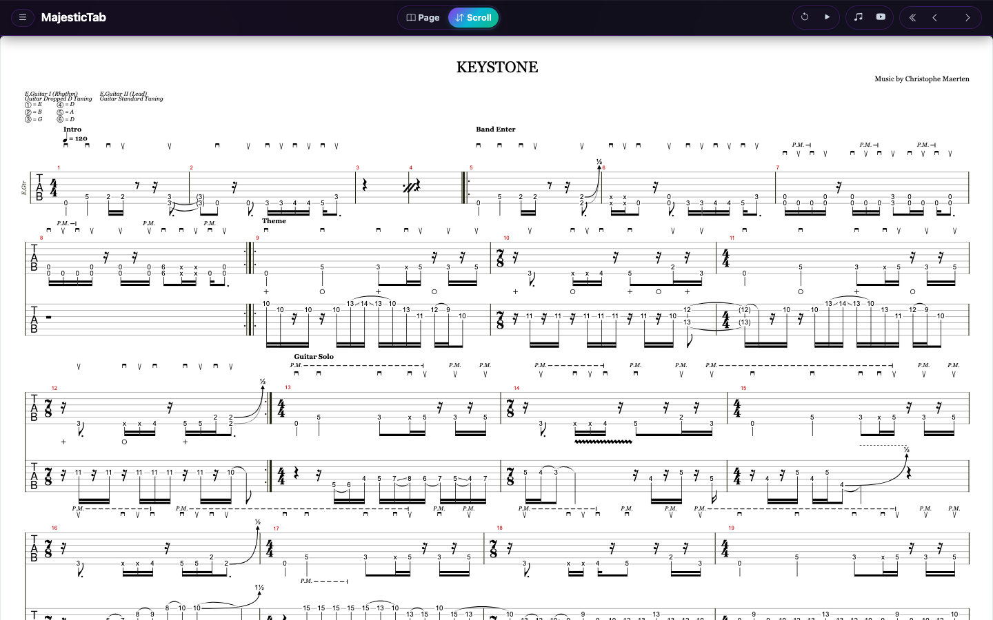 Multi-track guitar tab showing rhythm and lead guitar staves together